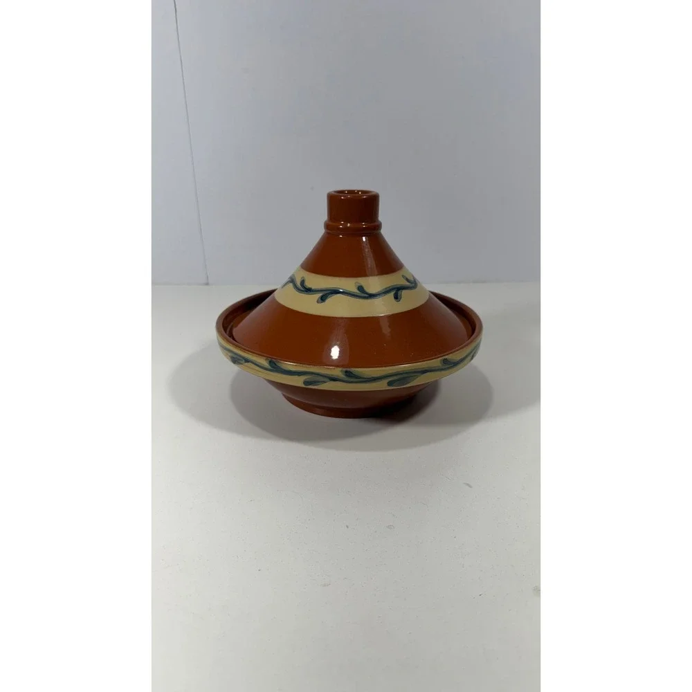 BIA Cordon Bleu BOLA Tagine Pot Portugal Glazed Ceramic Terracotta Blue Vine 9in